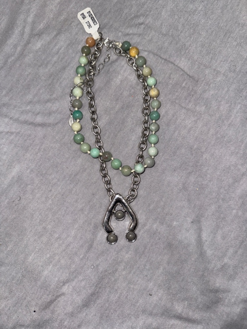 Free People Green Multicolor Beaded Double-Strand Necklace with Silver Pendant